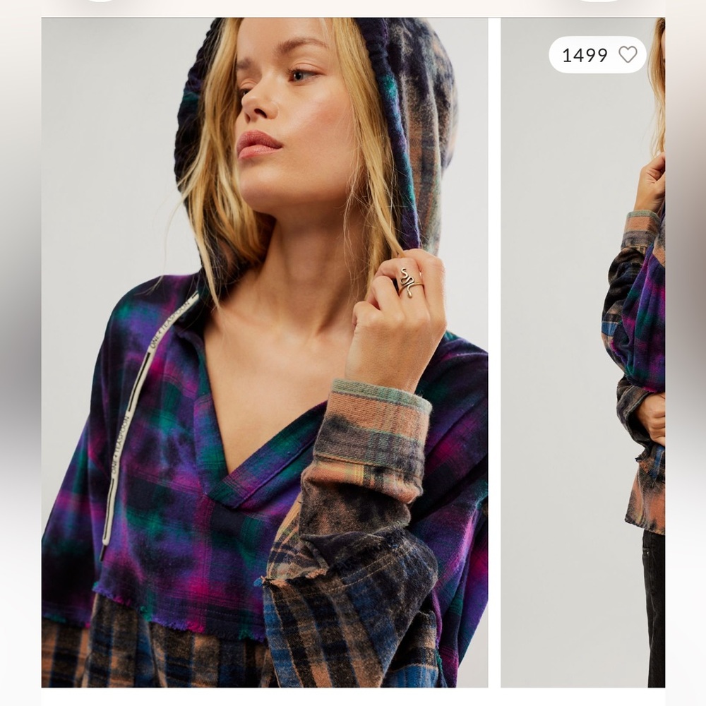 FREE PEOPLE X ONE TEASPOON SPLIT FLANNEL HOODED TOP, SIZE MEDIUM - Picture 2 of 8